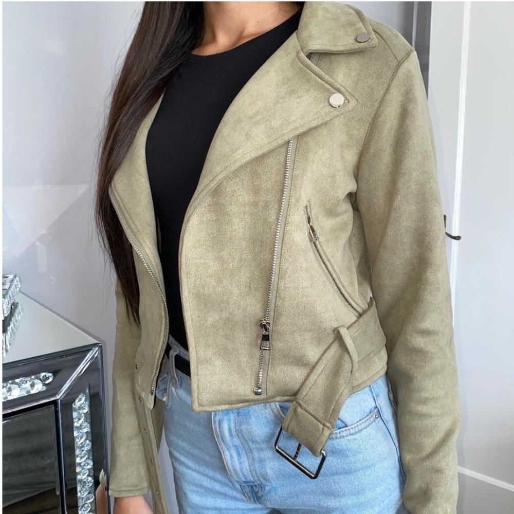 PrettyLittleThing Sage Green Faux Suede Moto Biker Jacket Womens US 0 Cropped